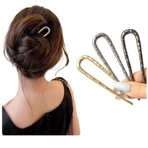 NEW Women’s Hammered Metal U-Shape FRENCH Hair Pin - Gold, Black & Silver - 3 PC